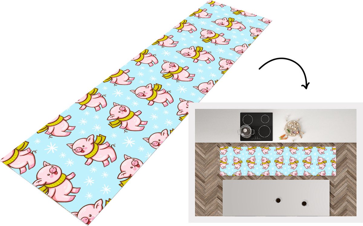 KitchenYeah Keukenloper - Loper keuken - Varken - Sjaal - Kinderen - Kerst - Patronen - 200x50 cm - Keukenloper vinyl Multicolor