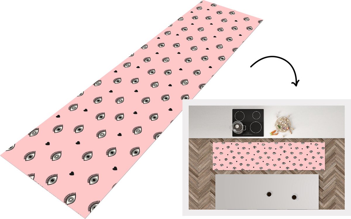 KitchenYeah Keukenloper - Loper keuken - Meisje - Ogen - Roze - Patronen - 200x50 cm - Keukenloper vinyl Multicolor