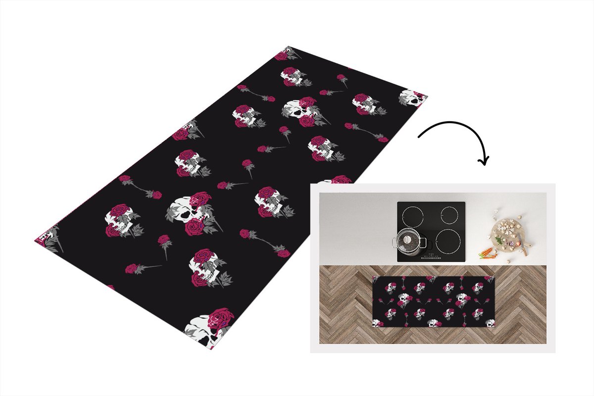 KitchenYeah Keukenloper - Loper keuken - Meiden - Skull - Rozen - Patronen - 120x50 cm - Keukenloper vinyl Multicolor