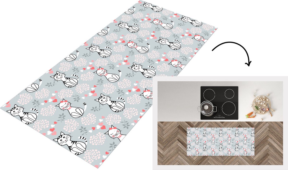 KitchenYeah Keukenloper - Loper keuken - Patronen - Kat - Hart - 120x50 cm - Keukenloper vinyl Multicolor