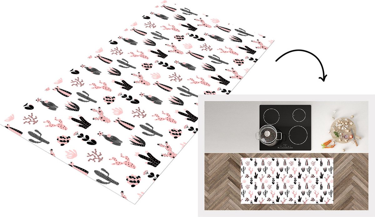 KitchenYeah Keukenloper - Loper keuken - Meiden - Cactus - Roze - Patronen - 120x60 cm - Keukenloper vinyl Multicolor