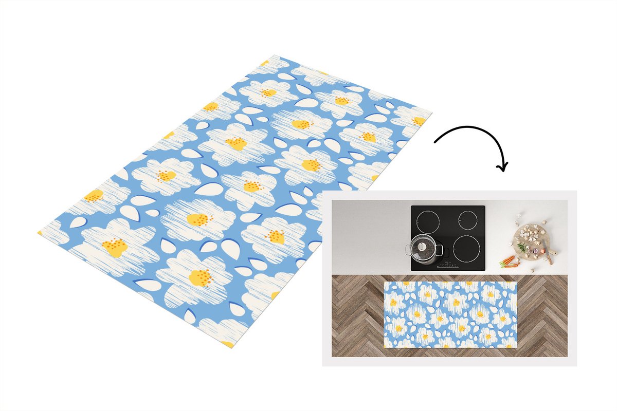 KitchenYeah Keukenloper - Loper keuken - Meiden - Bloemen - Blauw - Patronen - Keukenloper vinyl, foto 6