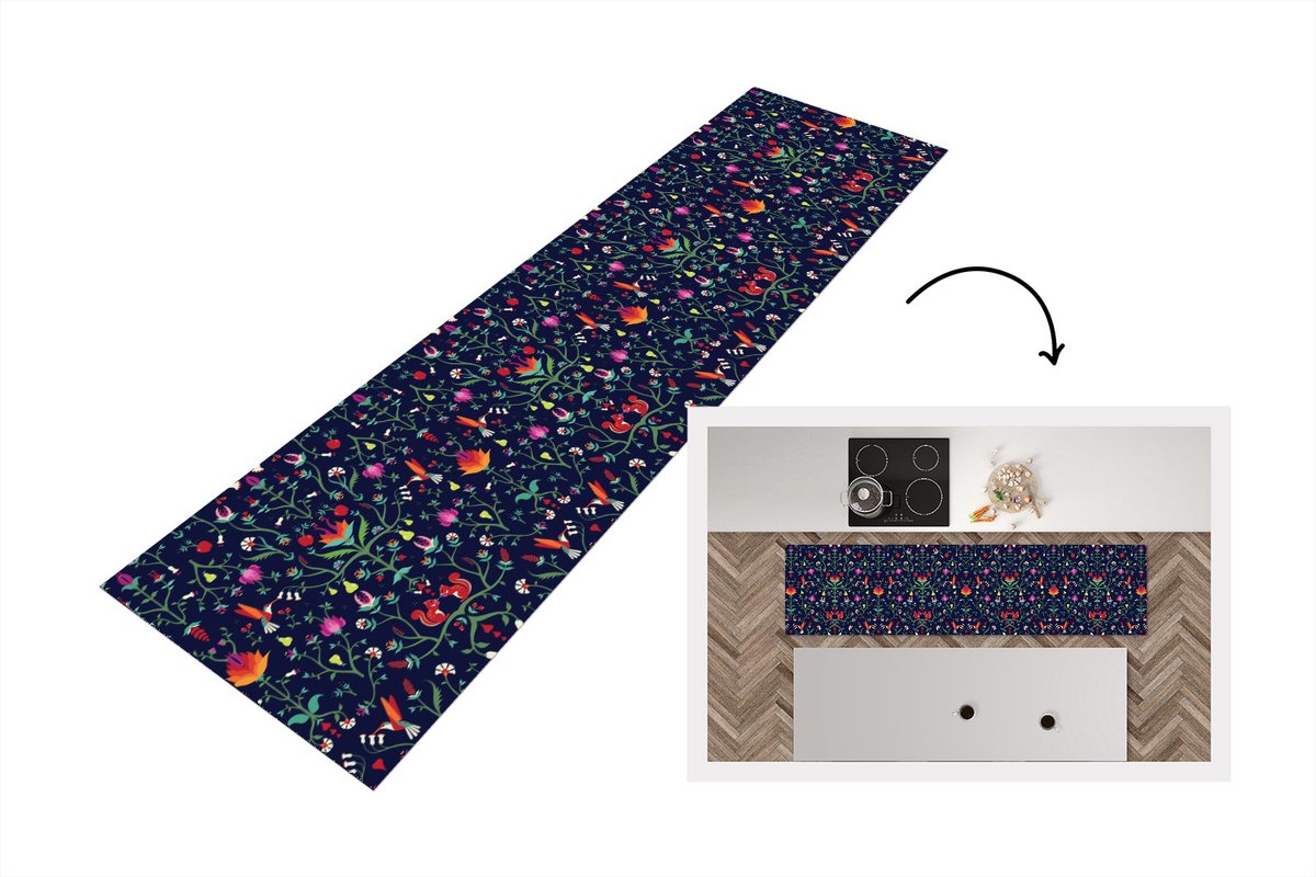 KitchenYeah Keukenloper - Loper keuken - Bloemen - Eekhoorn - Patronen - 200x50 cm - Keukenloper vinyl Multicolor