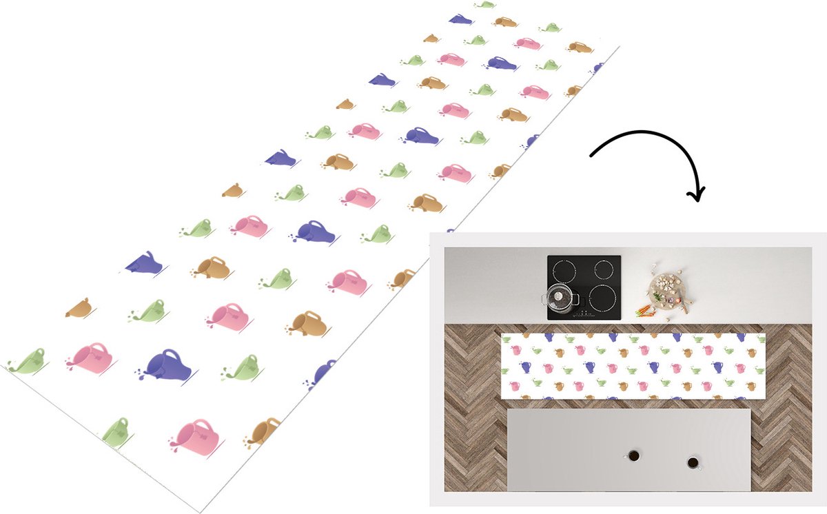 KitchenYeah Keukenloper - Loper keuken - Patronen - Thee - Theekop - 200x50 cm - Keukenloper vinyl Multicolor