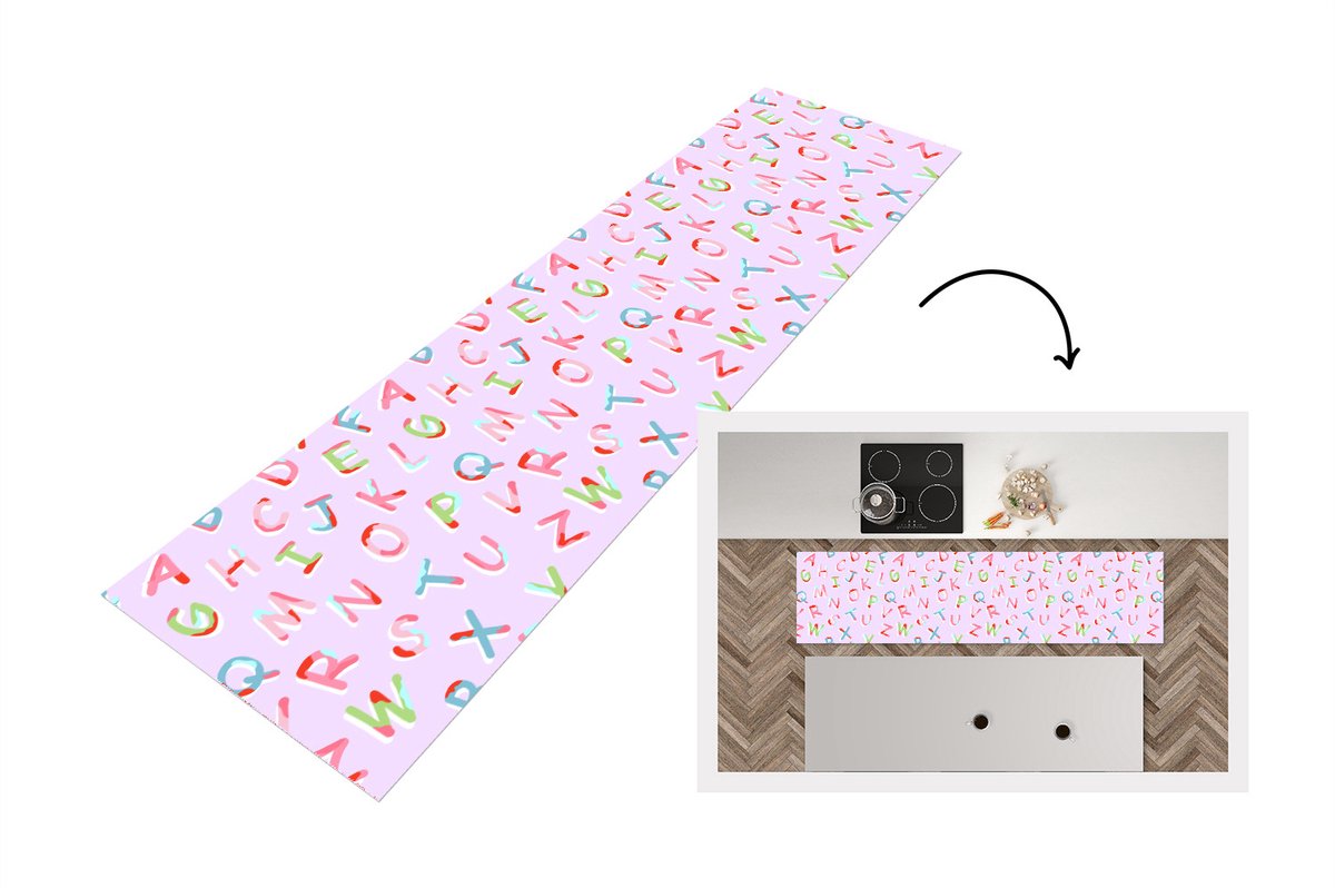 KitchenYeah Keukenloper - Loper keuken - Alfabet - Letters - Patroon - 200x50 cm - Keukenloper vinyl Multicolor