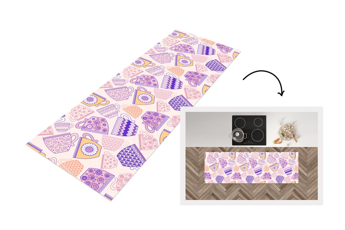 KitchenYeah Keukenloper - Loper keuken - Patronen - Theekopjes - Thee - 180x60 cm - Keukenloper vinyl Multicolor