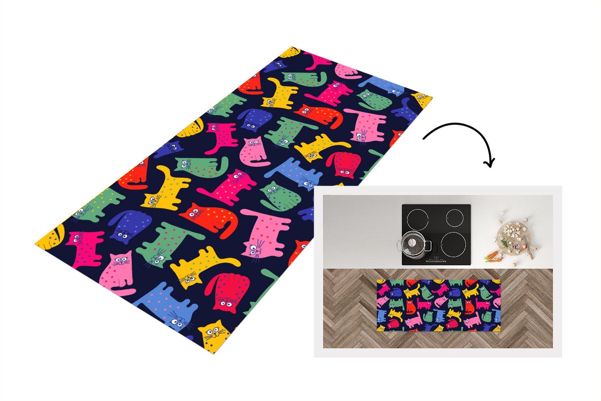 KitchenYeah Keukenloper - Loper keuken - Patronen - Kat - Regenboog - 120x50 cm - Keukenloper vinyl Multicolor