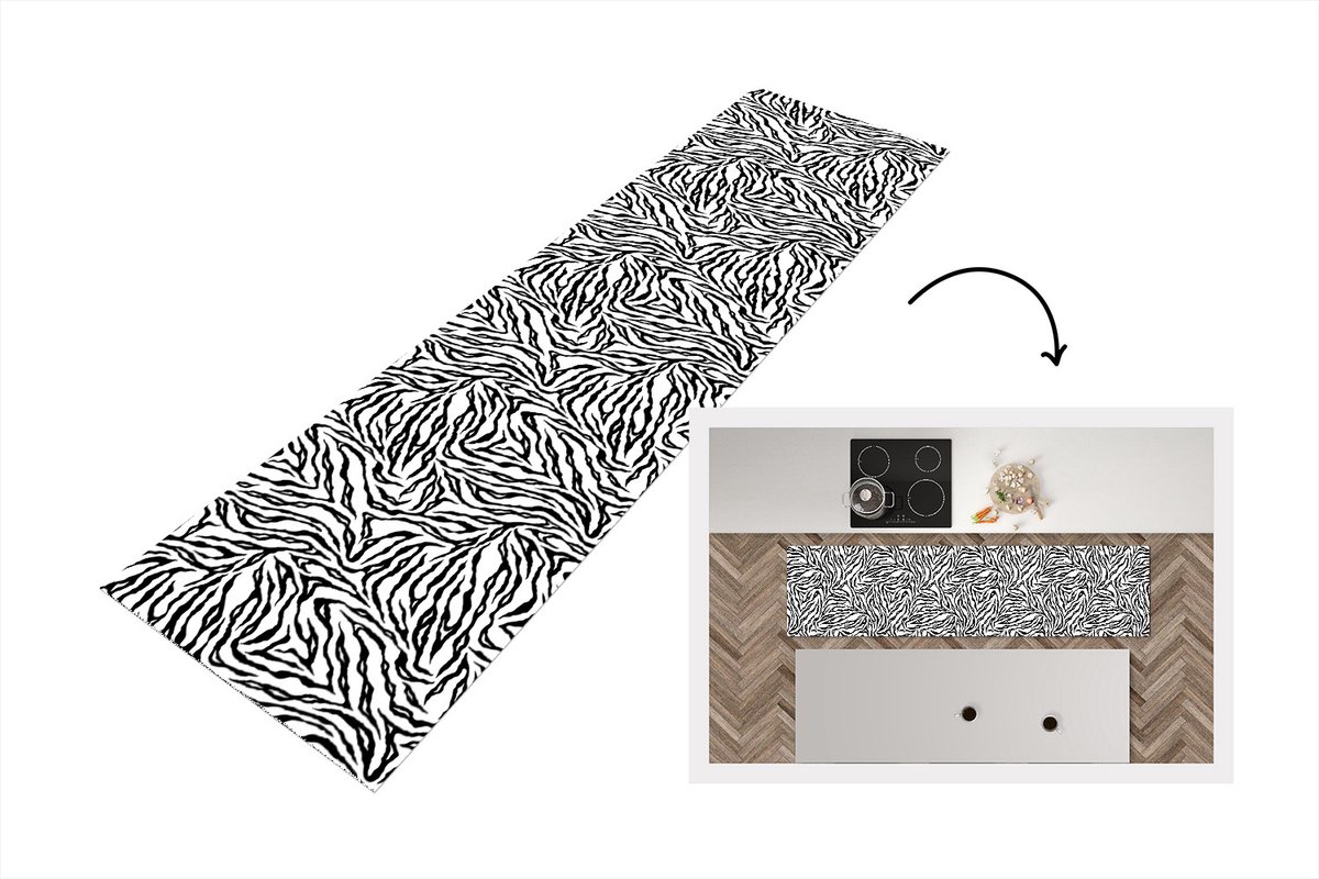KitchenYeah Keukenloper - Loper keuken - Tijgerprint - Zwart - Wit - Dieren - Patronen - 200x50 cm - Keukenloper vinyl Multicolor