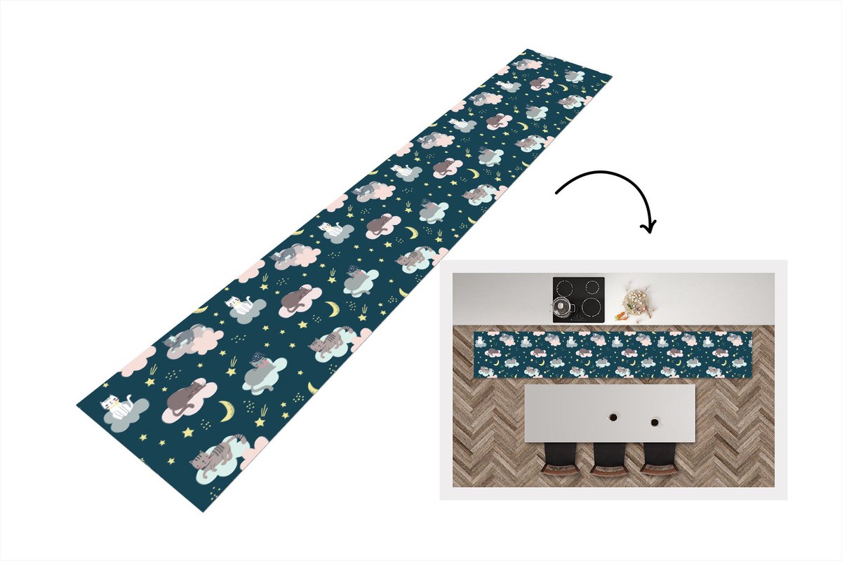 KitchenYeah Keukenloper - Loper keuken - Patronen - Kat - Maan - 300x50 cm - Keukenloper vinyl Multicolor