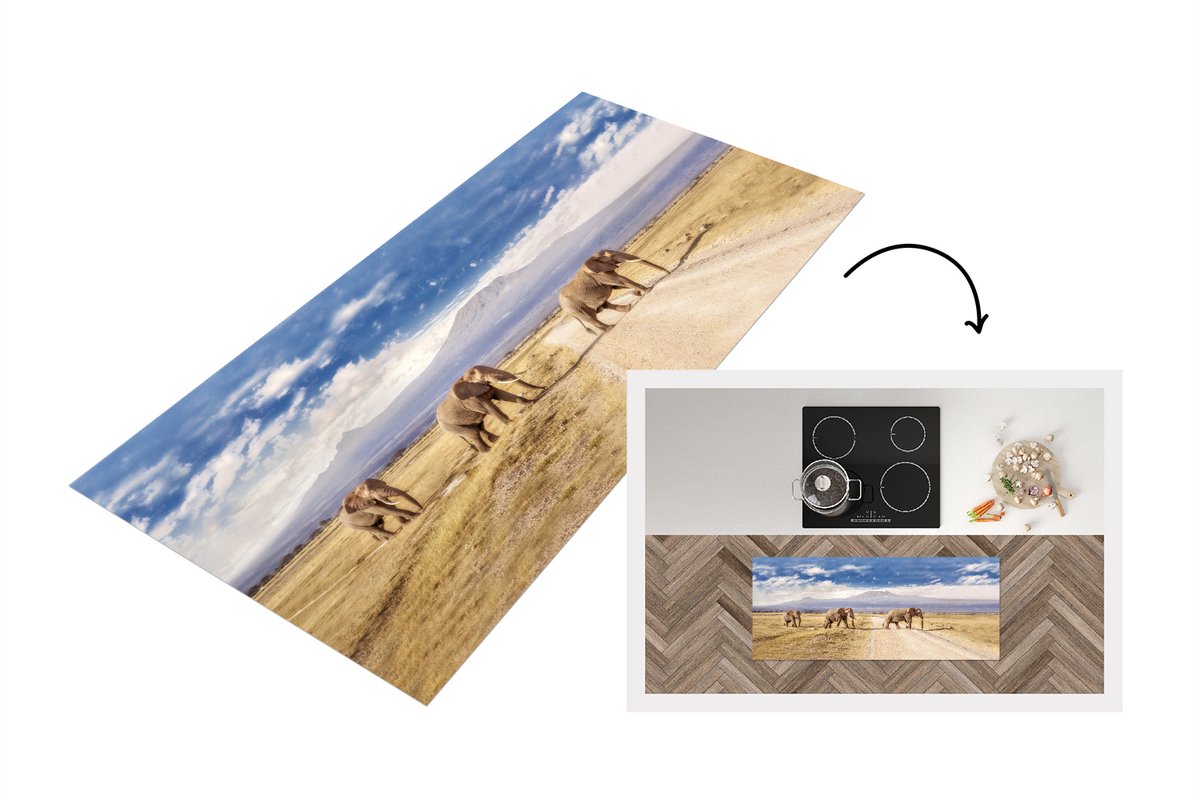 KitchenYeah Keukenloper - Loper keuken - Drie overstekende olifanten - 120x50 cm - Keukenloper vinyl Multicolor