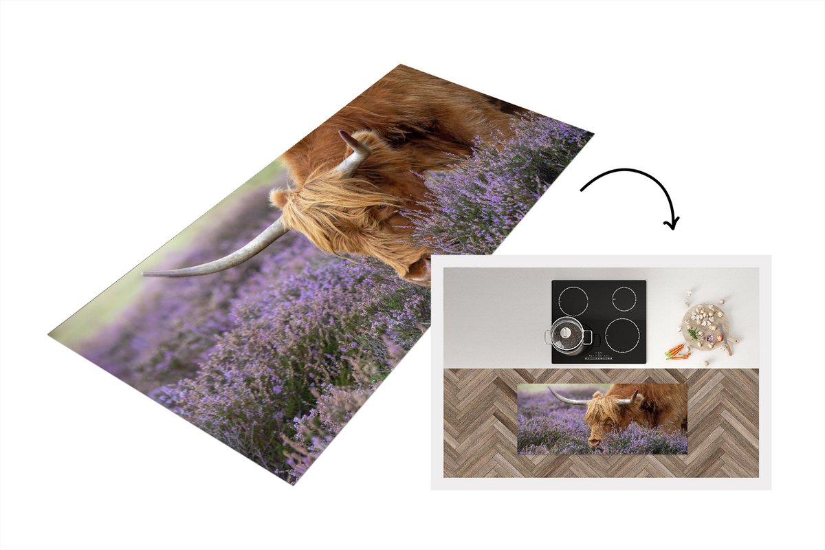 KitchenYeah Keukenloper - Loper keuken - Schotse Hooglander - Dieren - Heide - 120x50 cm - Keukenloper vinyl Multicolor