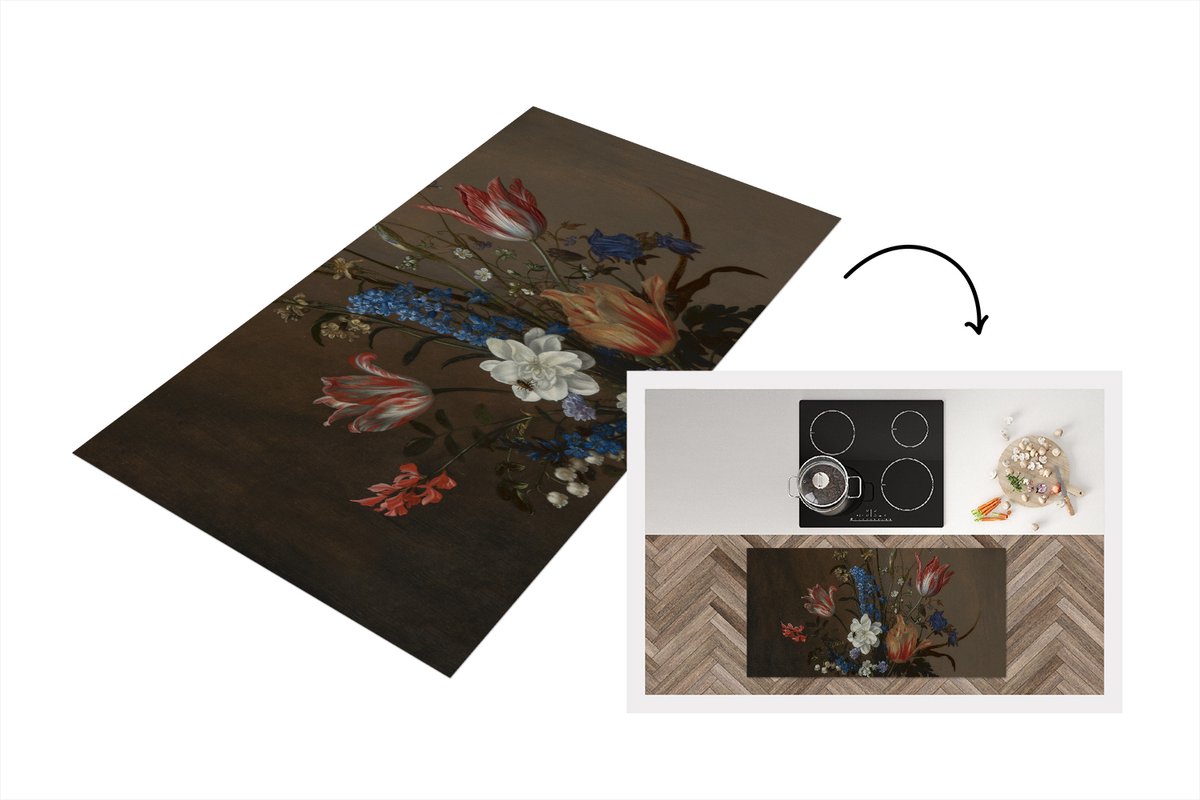 KitchenYeah Keukenloper - Loper keuken - Bloemen in een Wan-Li vaas en schelpen - Schilderij van Balthasar van der Ast - 120x60 cm - Keukenloper vinyl Multicolor