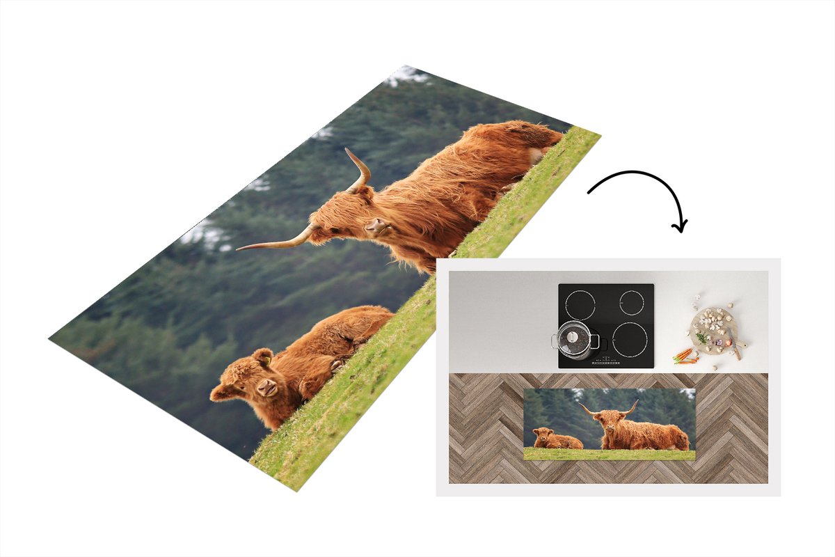 KitchenYeah Keukenloper - Loper keuken - Schotse Hooglanders - Gras - Bos - 120x50 cm - Keukenloper vinyl Multicolor