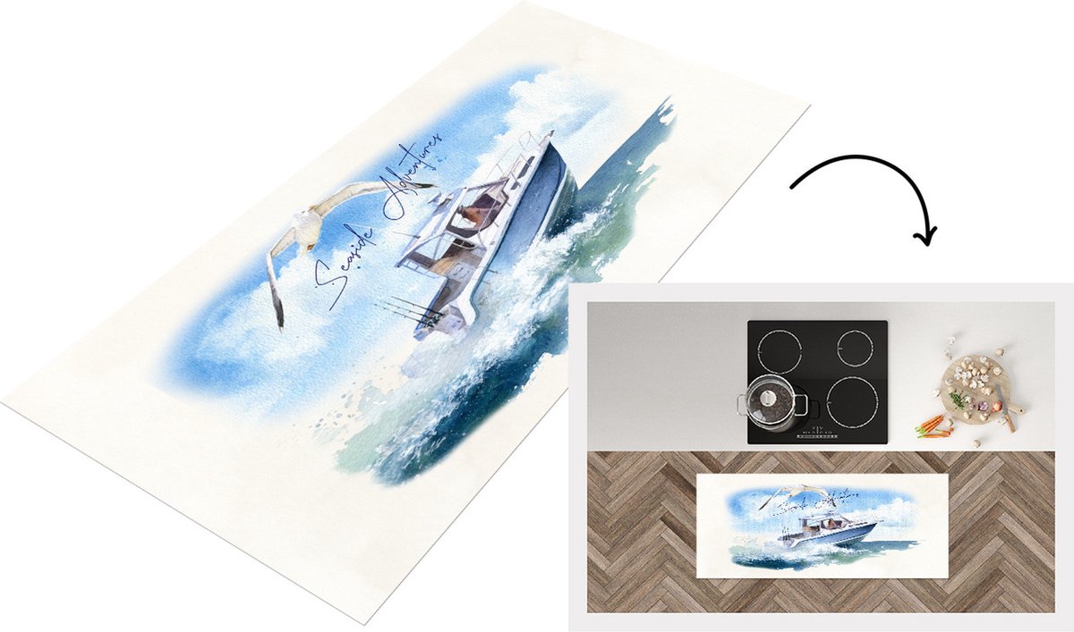 KitchenYeah Keukenloper - Loper keuken - Boot - Vogel - Zee - 120x50 cm - Keukenloper vinyl Multicolor