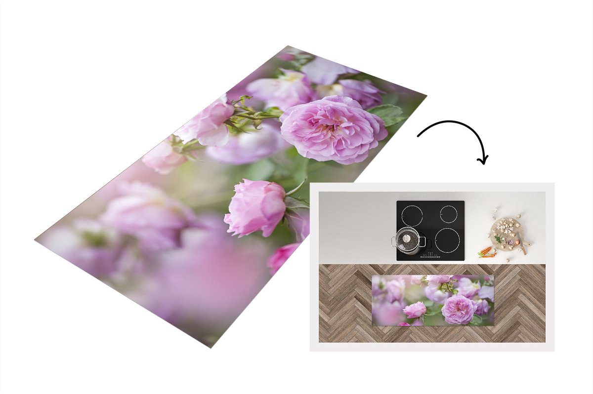 KitchenYeah Keukenloper - Loper keuken - Planten van roze rozen groeien in de natuur - 120x50 cm - Keukenloper vinyl Multicolor