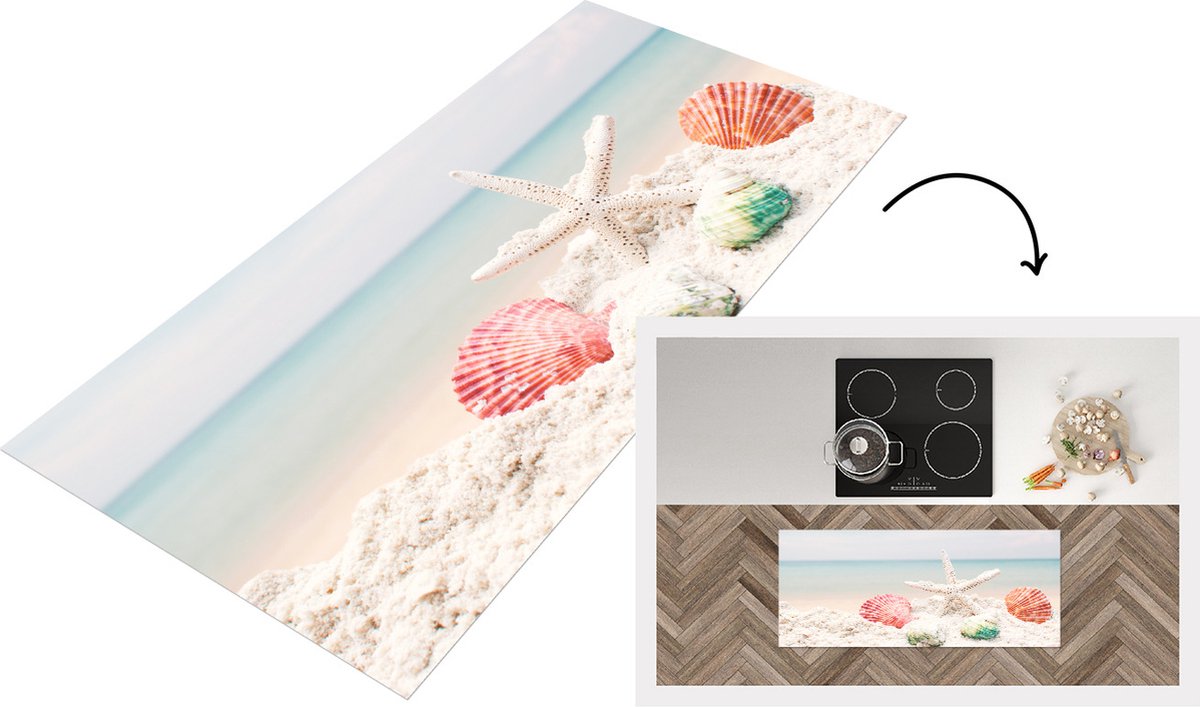 KitchenYeah Keukenloper - Loper keuken - Zee - Zeester - Schelpen - 120x50 cm - Keukenloper vinyl Multicolor
