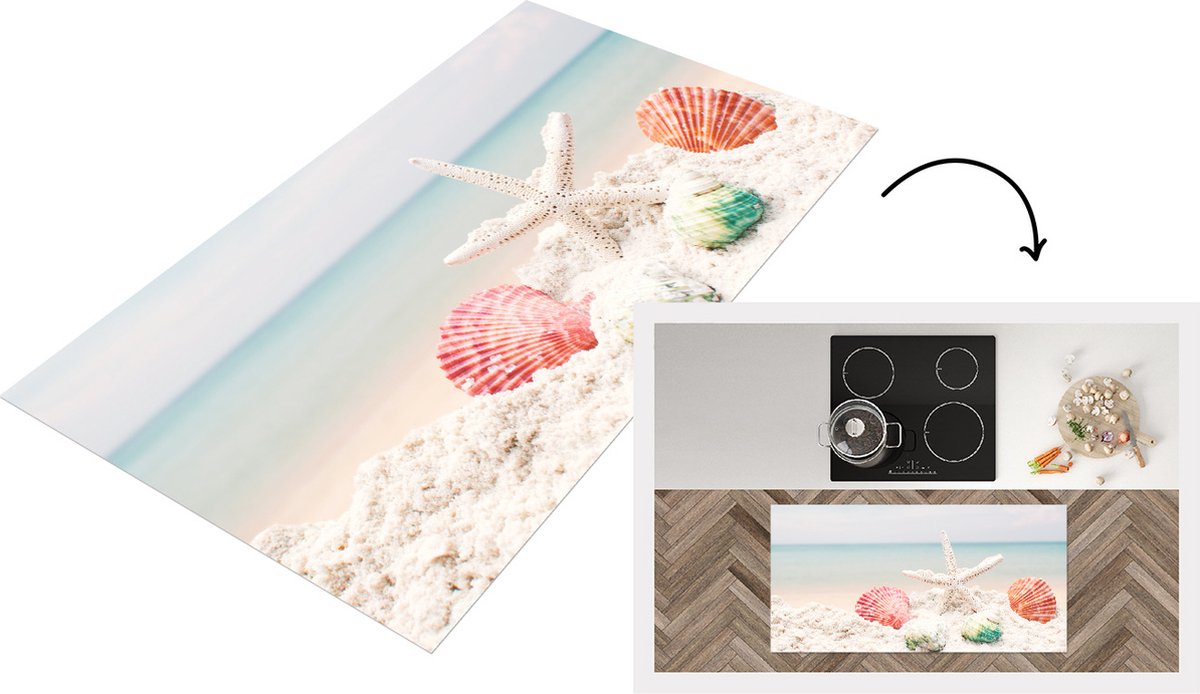 KitchenYeah Keukenloper - Loper keuken - Zee - Zeester - Schelpen - 120x60 cm - Keukenloper vinyl Multicolor