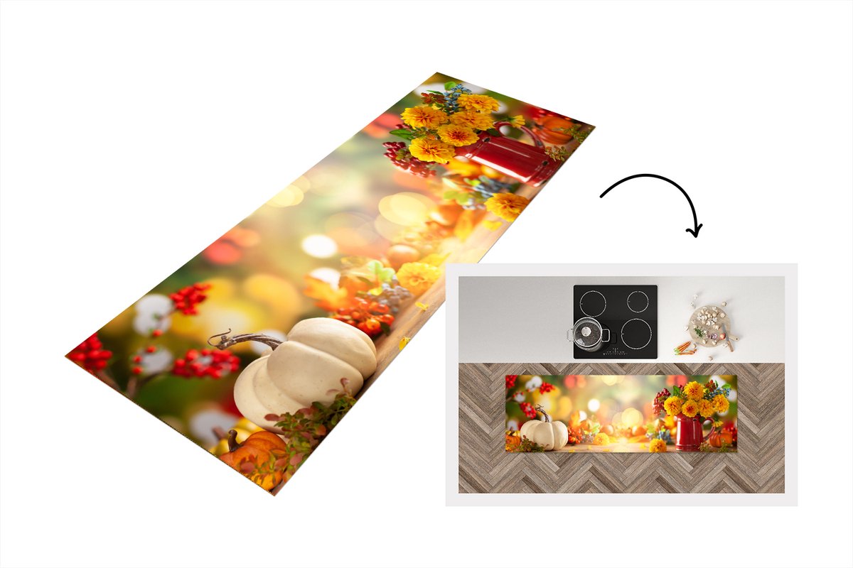 KitchenYeah Keukenloper - Loper keuken - Herfst - Dahlia - Pompoen - 180x60 cm - Keukenloper vinyl Multicolor