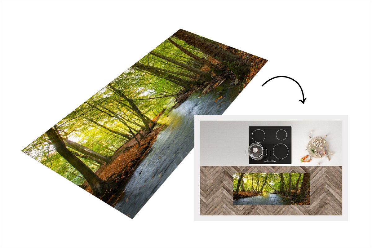 KitchenYeah Keukenloper - Loper keuken - Een donkere rivier midden in een Deens bos - 120x50 cm - Keukenloper vinyl Multicolor