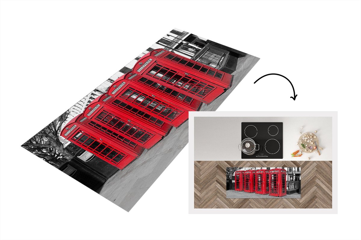 KitchenYeah Keukenloper - Loper keuken - Zwart-wit foto van vier rode telefooncellen - 120x50 cm - Keukenloper vinyl Zwart; Wit