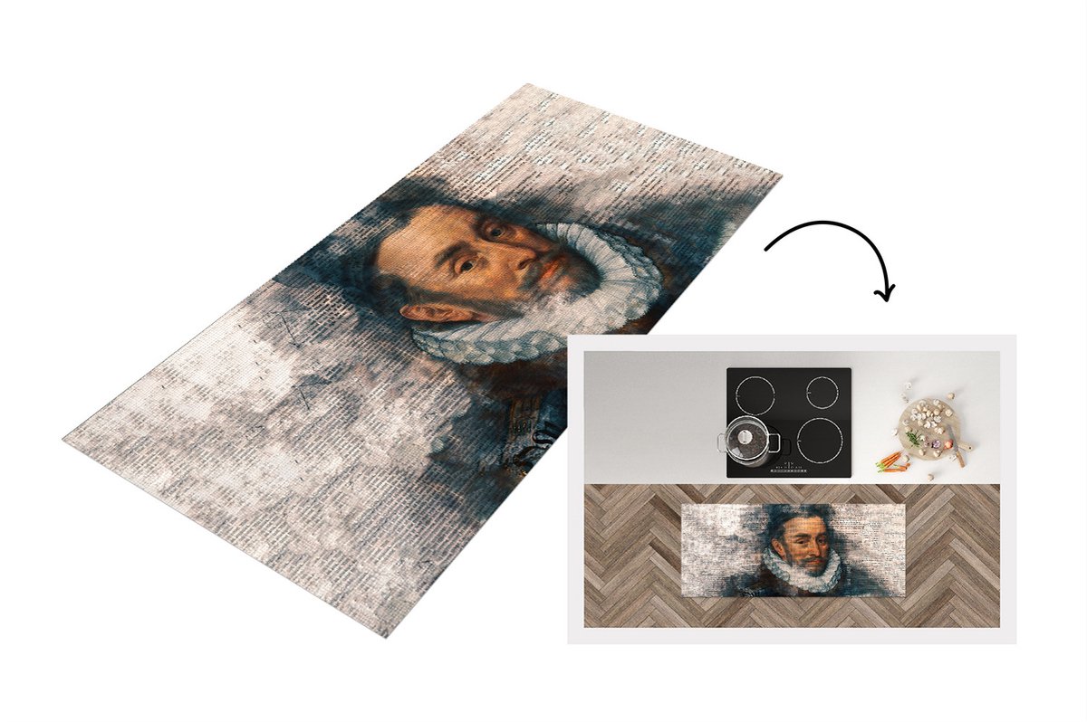 KitchenYeah Keukenloper - Loper keuken - Willem van Oranje - Aquarelverf - Krant - 120x50 cm - Keukenloper vinyl Multicolor