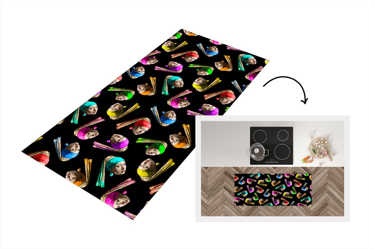 KitchenYeah Keukenloper - Loper keuken - Meisje met de parel - Patronen - Vermeer - 120x50 cm - Keukenloper vinyl Multicolor