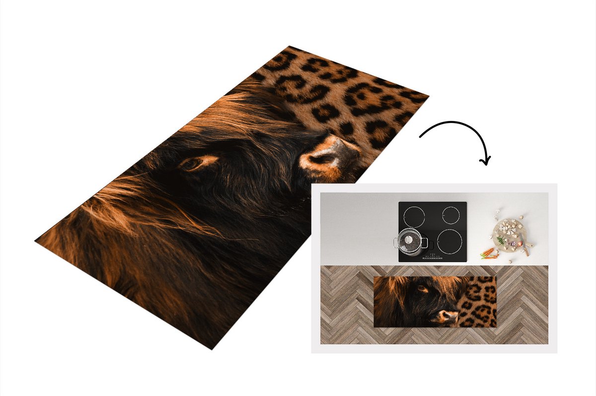 KitchenYeah Keukenloper - Loper keuken - Panterprint - Schotse hooglander - Dieren - 120x50 cm - Keukenloper vinyl Multicolor
