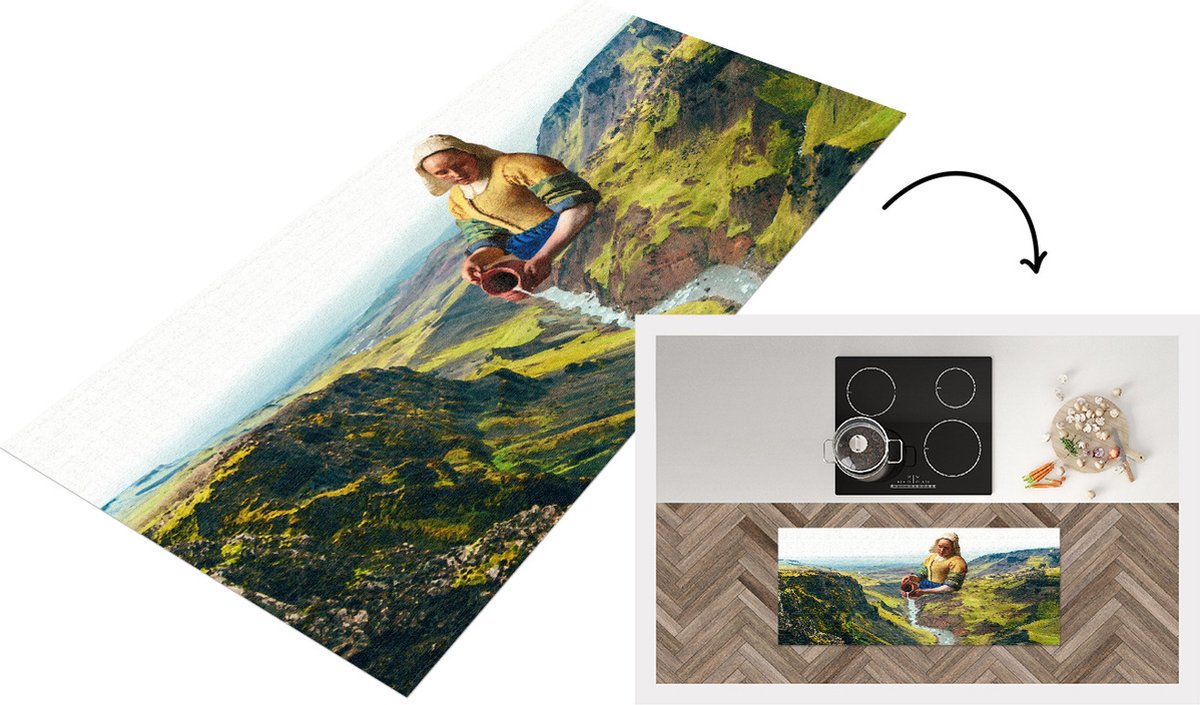 KitchenYeah Keukenloper - Loper keuken - Melkmeisje - Vermeer - Natuur - 120x50 cm - Keukenloper vinyl Multicolor
