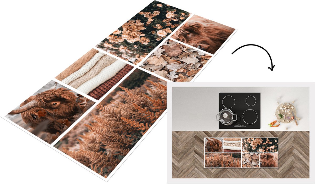 KitchenYeah Keukenloper - Loper keuken - Schotse hooglander - Collage - Herfst - 120x50 cm - Keukenloper vinyl Multicolor
