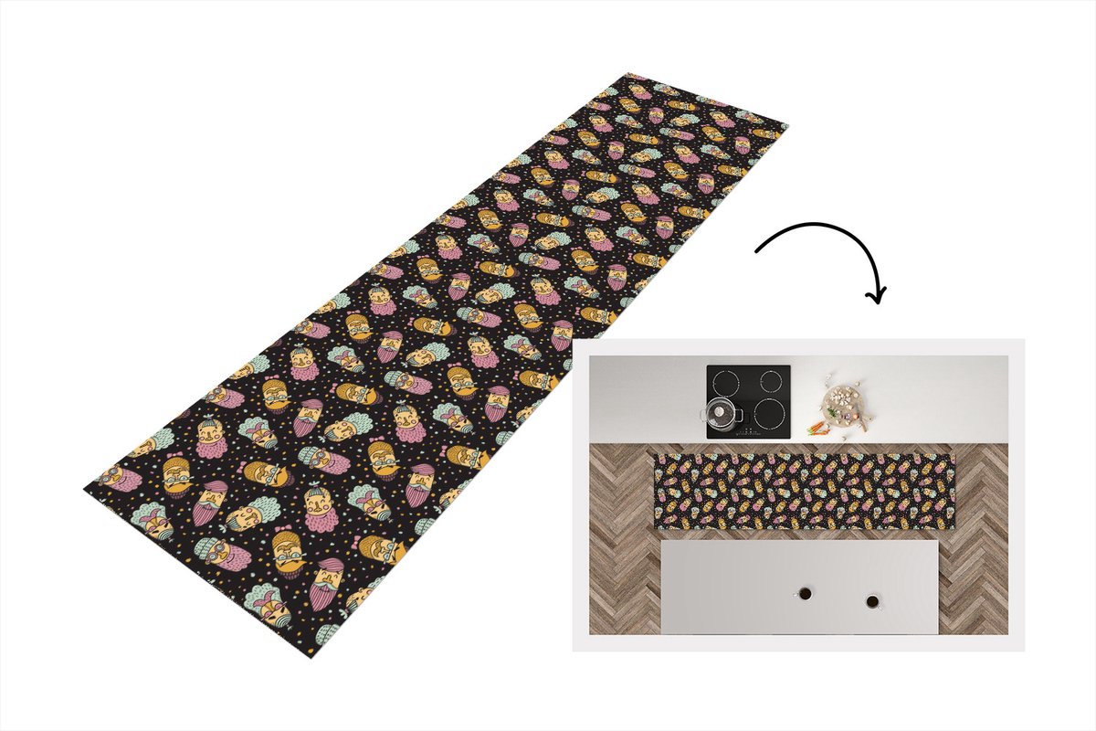 KitchenYeah Keukenloper - Loper keuken - Patronen - Baard - Gezicht - 200x50 cm - Keukenloper vinyl Multicolor