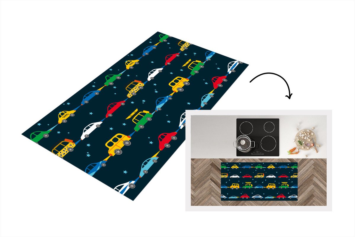 KitchenYeah Keukenloper - Loper keuken - Patronen - Auto - Ruimte - 120x60 cm - Keukenloper vinyl Multicolor