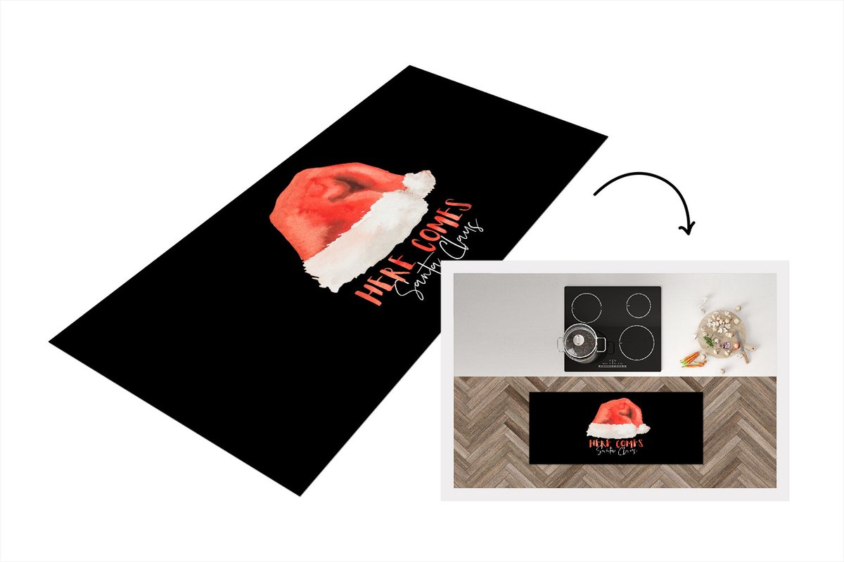 KitchenYeah Keukenloper - Loper keuken - Spreuken - Here comes Santa Claus - Quotes - Kerstman - Kerstmuts - 120x50 cm - Keukenloper vinyl Multicolor