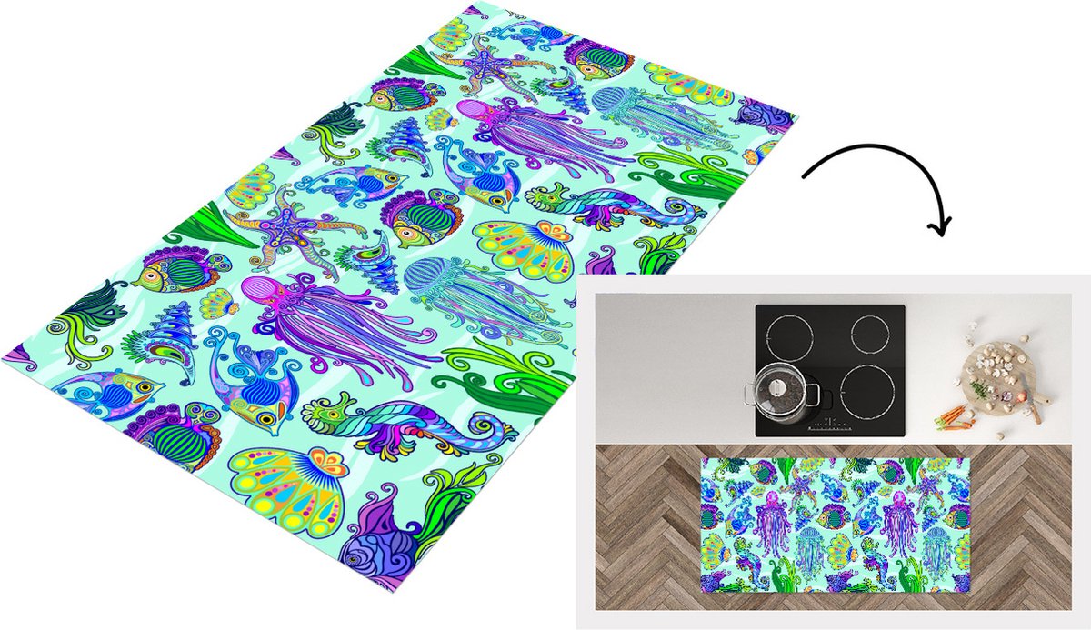 KitchenYeah Keukenloper - Loper keuken - Dieren - Regenboog - Vissen - Patronen - 120x60 cm - Keukenloper vinyl Multicolor