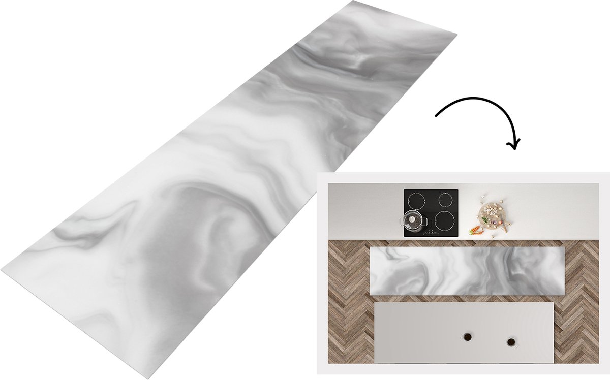 KitchenYeah Keukenloper - Loper keuken - Wit met zwart marmer - 200x50 cm - Keukenloper vinyl Multicolor