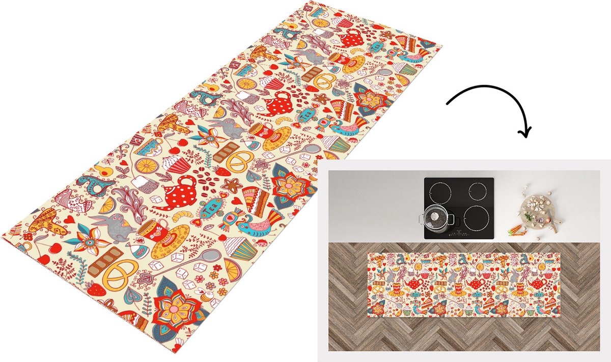 KitchenYeah Keukenloper - Loper keuken - Thee - Dieren - Snoepgoed - Regenboog - Patronen - 150x50 cm - Keukenloper vinyl Multicolor