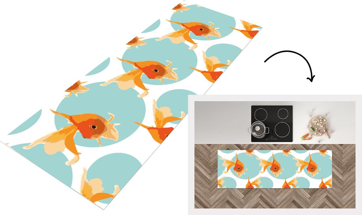 KitchenYeah Keukenloper - Loper keuken - Goudvis - Dieren - Bubbel - Patronen - 150x50 cm - Keukenloper vinyl Multicolor