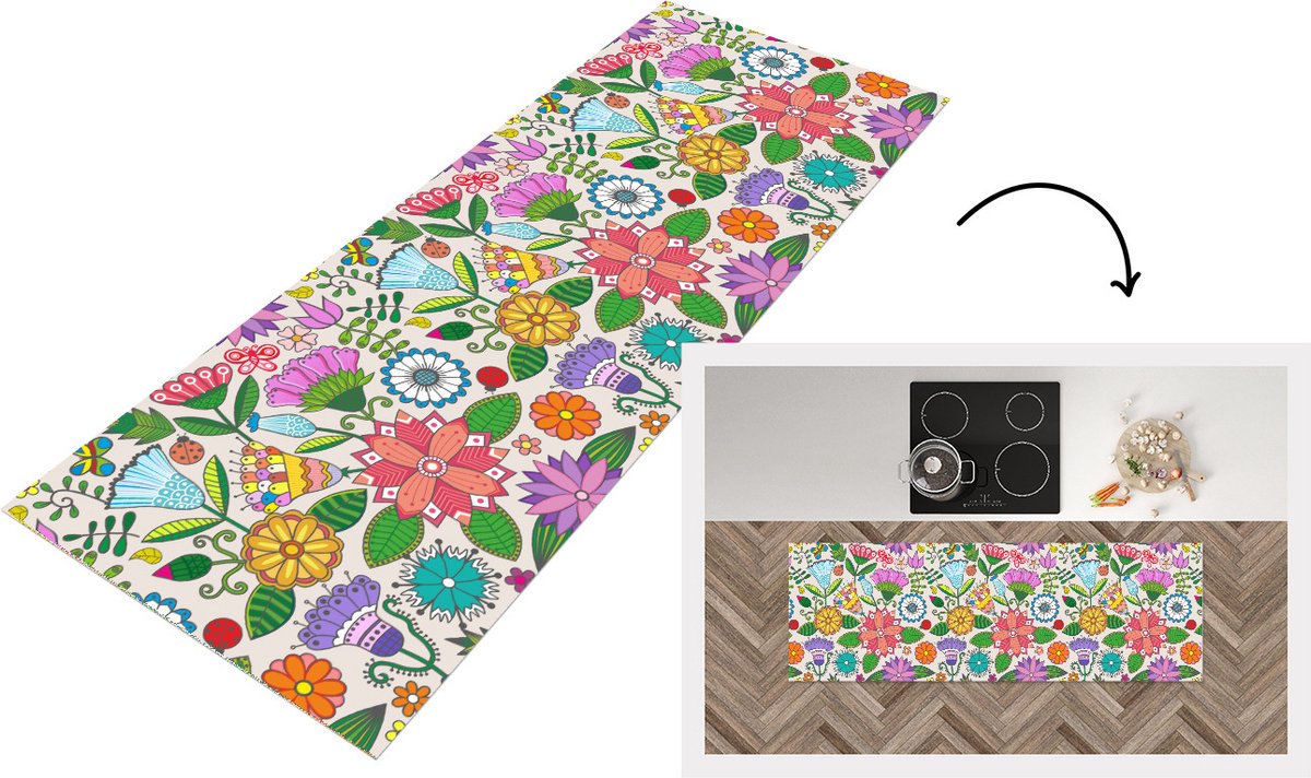 KitchenYeah Keukenloper - Loper keuken - Bloemen - Regenboog - Vlinder - Design - 180x60 cm - Keukenloper vinyl Multicolor