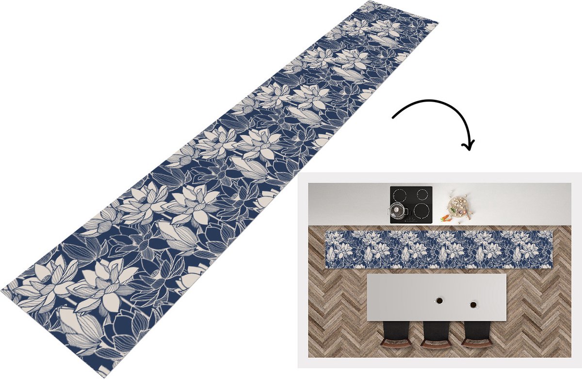 KitchenYeah Keukenloper - Loper keuken - Lotus - Blauw - Patronen - Keukenloper vinyl, foto 7