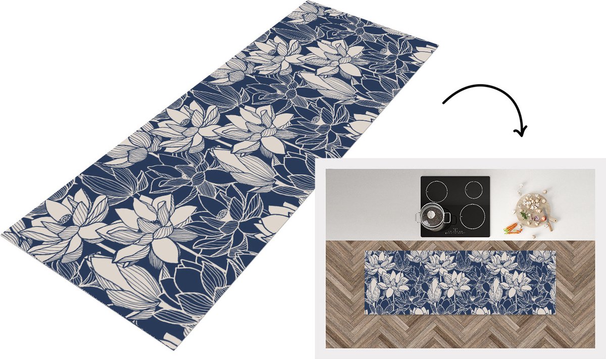 KitchenYeah Keukenloper - Loper keuken - Lotus - Blauw - Patronen - Keukenloper vinyl, foto 2