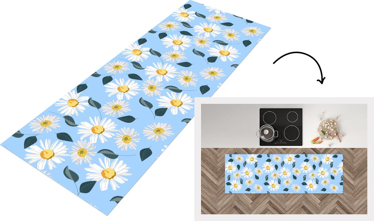 KitchenYeah Keukenloper - Loper keuken - Madeliefjes - Blauw - Patroon - 150x50 cm - Keukenloper vinyl Multicolor