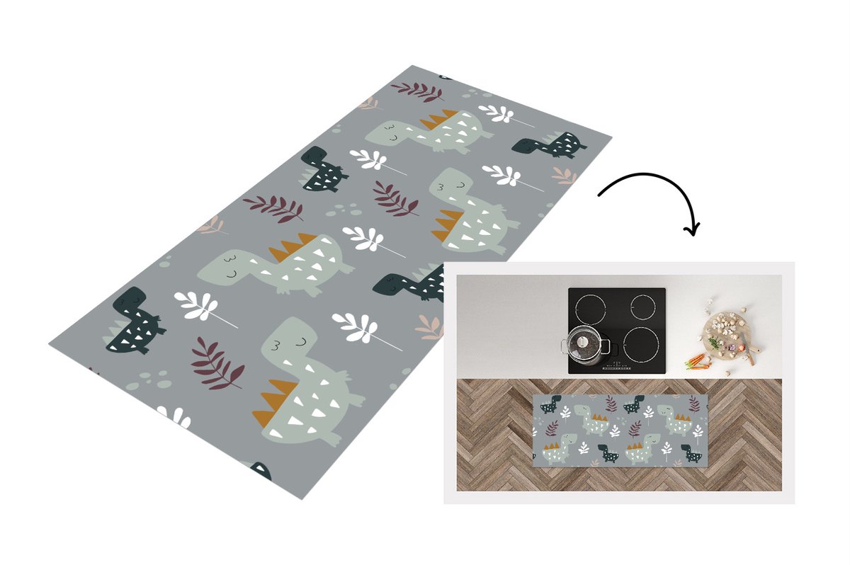 KitchenYeah Keukenloper - Loper keuken - Patronen - Jongens - Kinderen - Dinosaurus - Keukenloper vinyl Multicolor