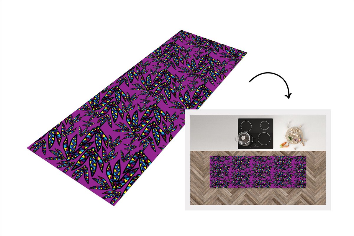 KitchenYeah Keukenloper - Loper keuken - Veren - Patroon - Pluimen - Paars - 150x50 cm - Keukenloper vinyl Multicolor