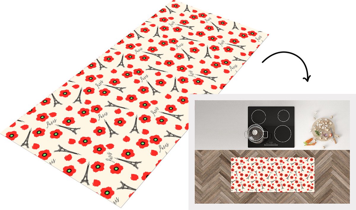 KitchenYeah Keukenloper - Loper keuken - Patronen - Parijs - Eiffeltoren - Bloemen - 120x50 cm - Keukenloper vinyl Multicolor