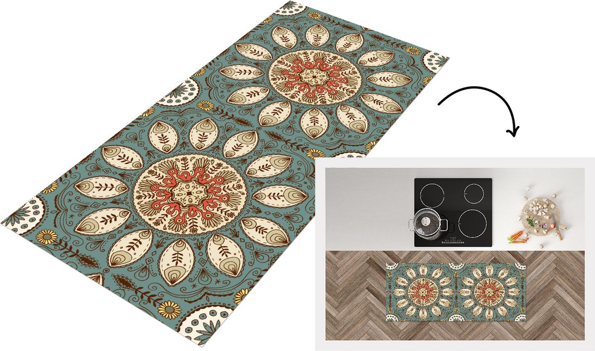 KitchenYeah Keukenloper - Loper keuken - Mandala - Retro - Bohemian - Patroon - 120x50 cm - Keukenloper vinyl Multicolor