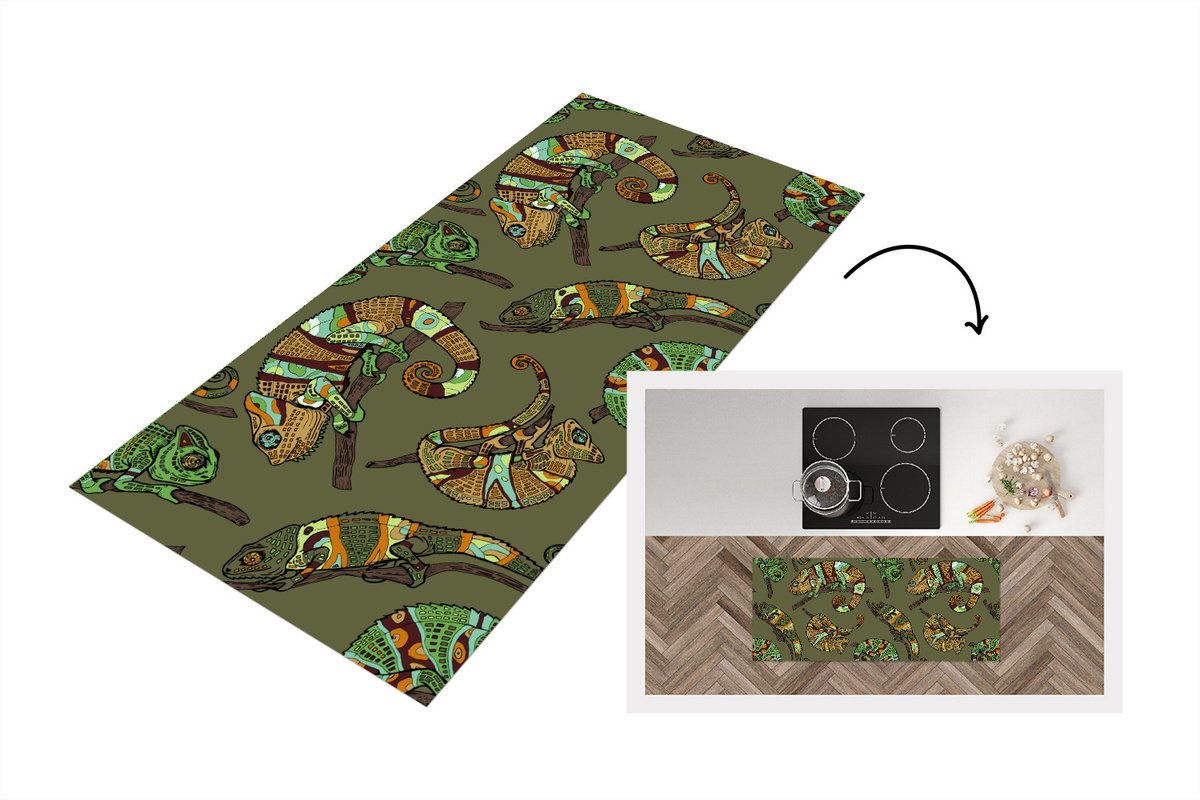 KitchenYeah Keukenloper - Loper keuken - Patroon - Jungle - Kameleons - 120x50 cm - Keukenloper vinyl Multicolor