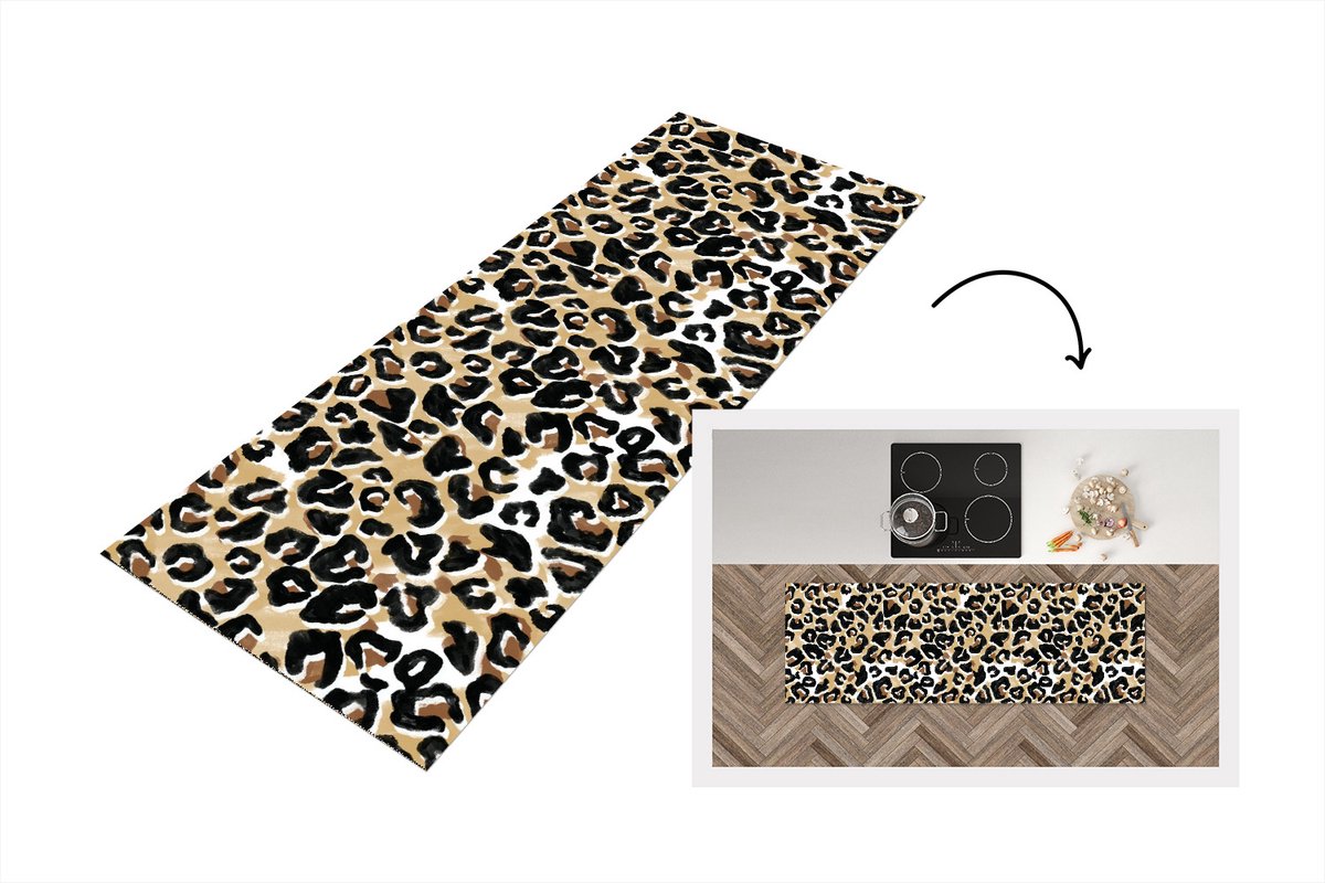 KitchenYeah Keukenloper - Loper keuken - Panterprint - Bruin - Zwart - Waterverf - 180x60 cm - Keukenloper vinyl Multicolor