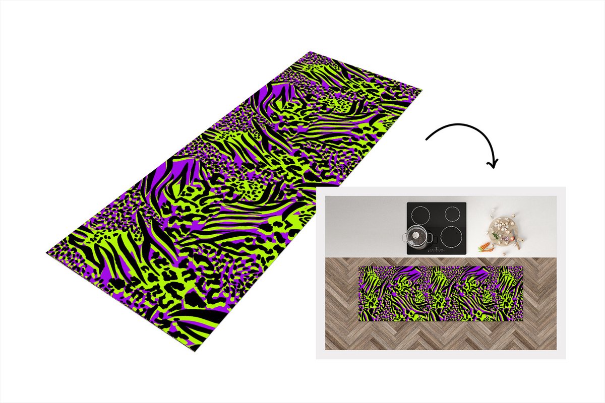 KitchenYeah Keukenloper - Loper keuken - Dierenprint - Paars - Groen - Neon - 180x60 cm - Keukenloper vinyl Multicolor