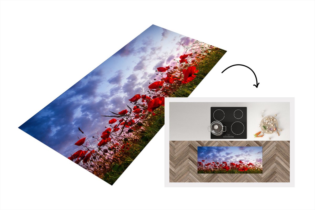 KitchenYeah Keukenloper - Loper keuken - Panorama van een kleurrijk veld klaprozen - 120x50 cm - Keukenloper vinyl Multicolor