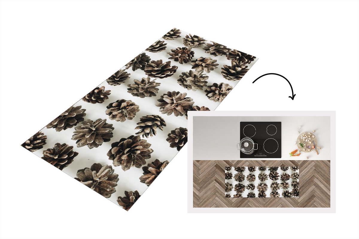 KitchenYeah Keukenloper - Loper keuken - Dennenappels - Winter - Wit - 120x50 cm - Keukenloper vinyl Multicolor