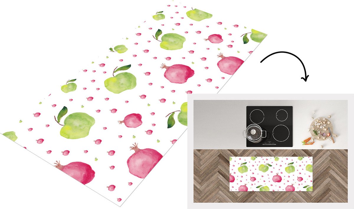 KitchenYeah Keukenloper - Loper keuken - Appels - Granaatappels - Waterverf - Design - 120x50 cm - Keukenloper vinyl Multicolor